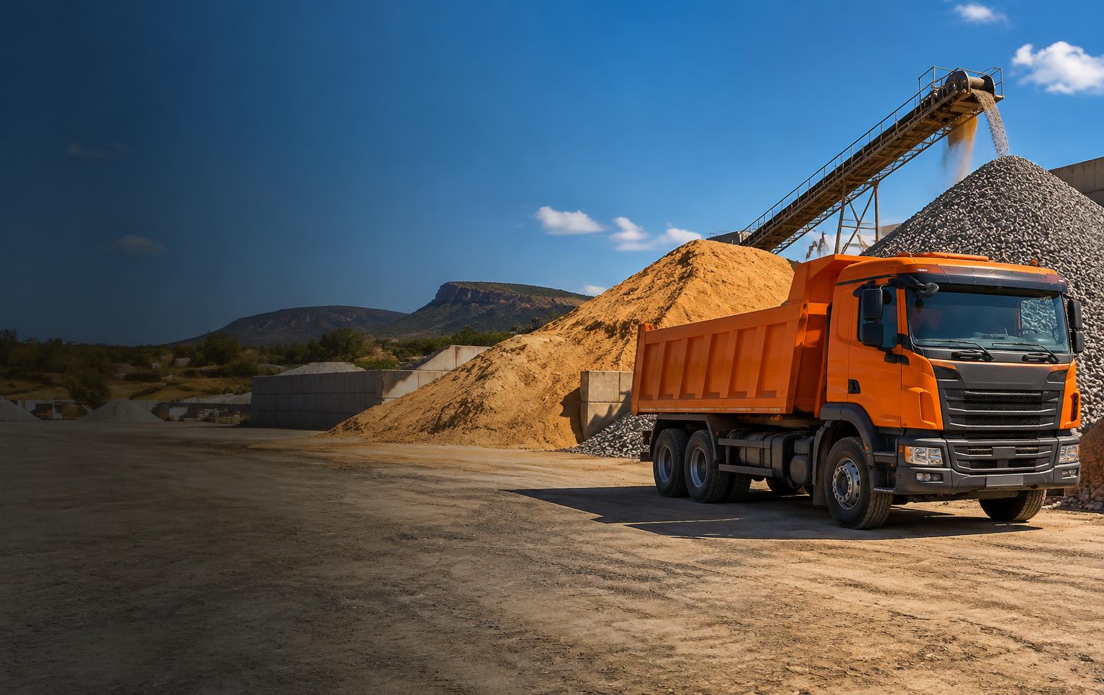 Caminhão basculante ao lado de montes de areia e brita